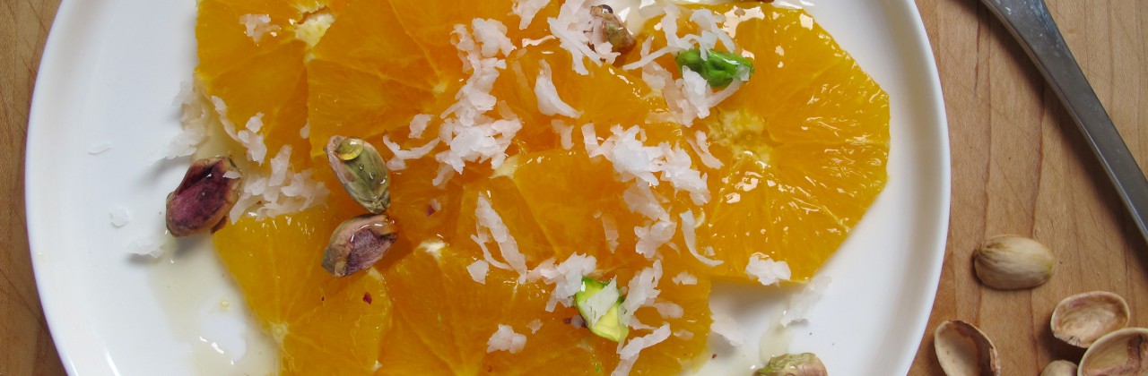 Sliced Oranges with Honey, Pistachios and Coconut