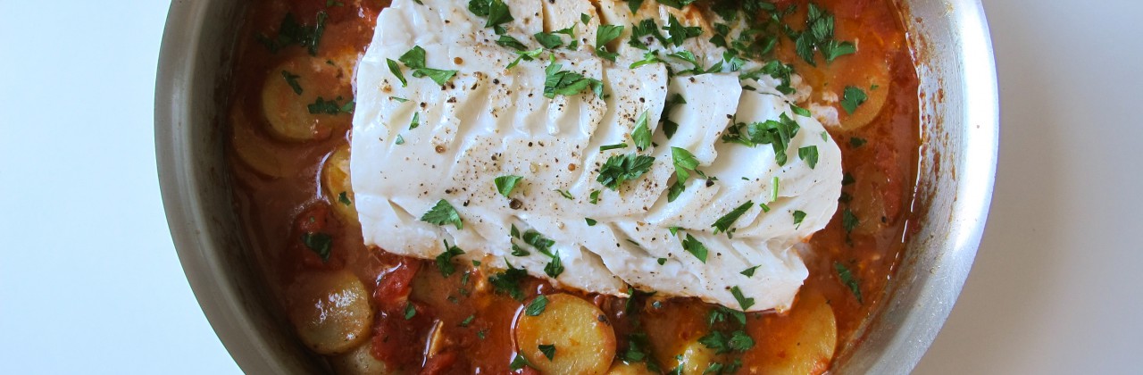 Cod with Garlicky Tomatoes & Potatoes