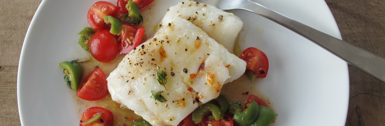 Olive Oil (Slow) Poached Cod with Tomato, Olive Salsa