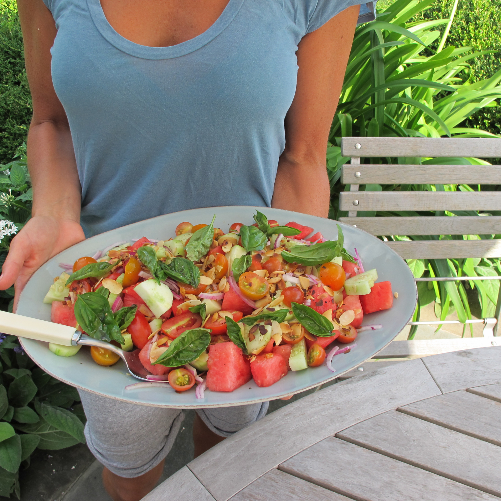 Watermelon & Tomato Salad with Toasted Almonds