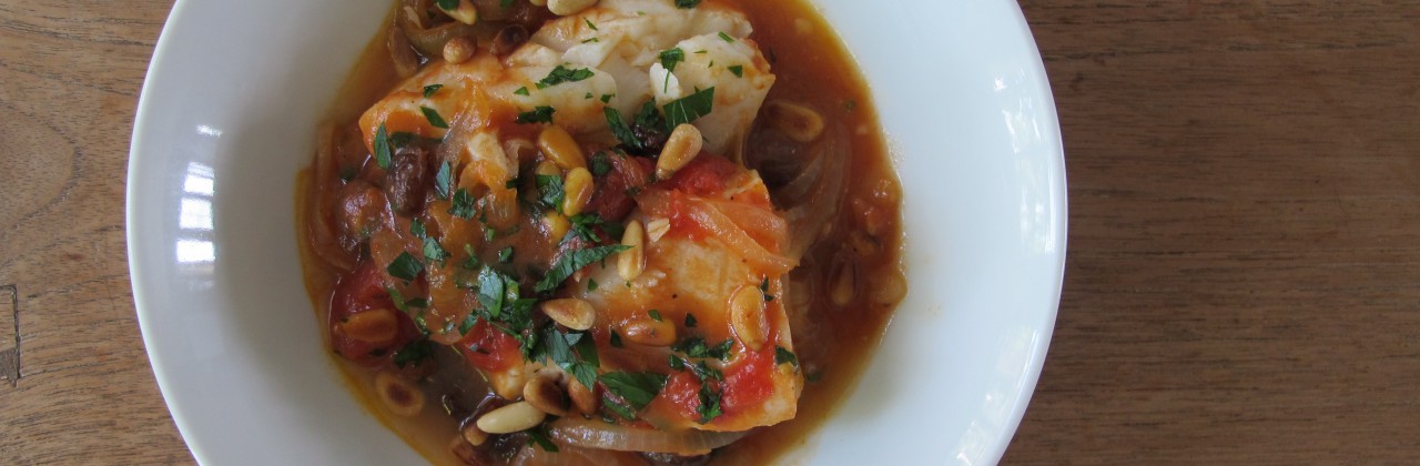 Cod with Tomatoes, Pine Nuts & Raisins