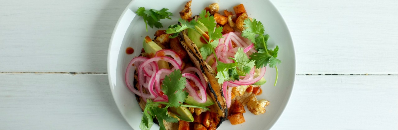 Roasted Sweet Potato and Cauliflower Tacos with Pickled Onions