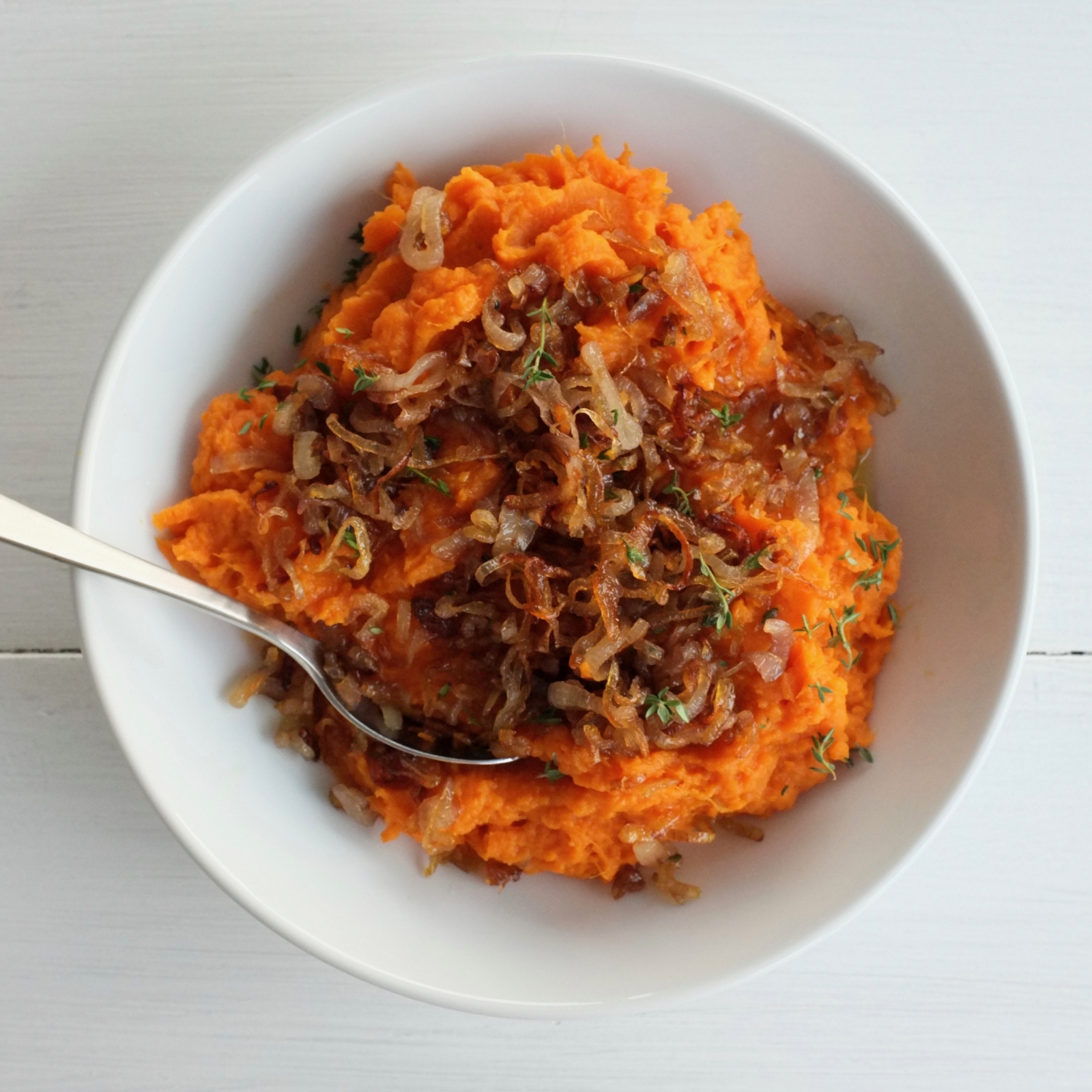 Mashed Sweet Potatoes with Caramelized Shallots