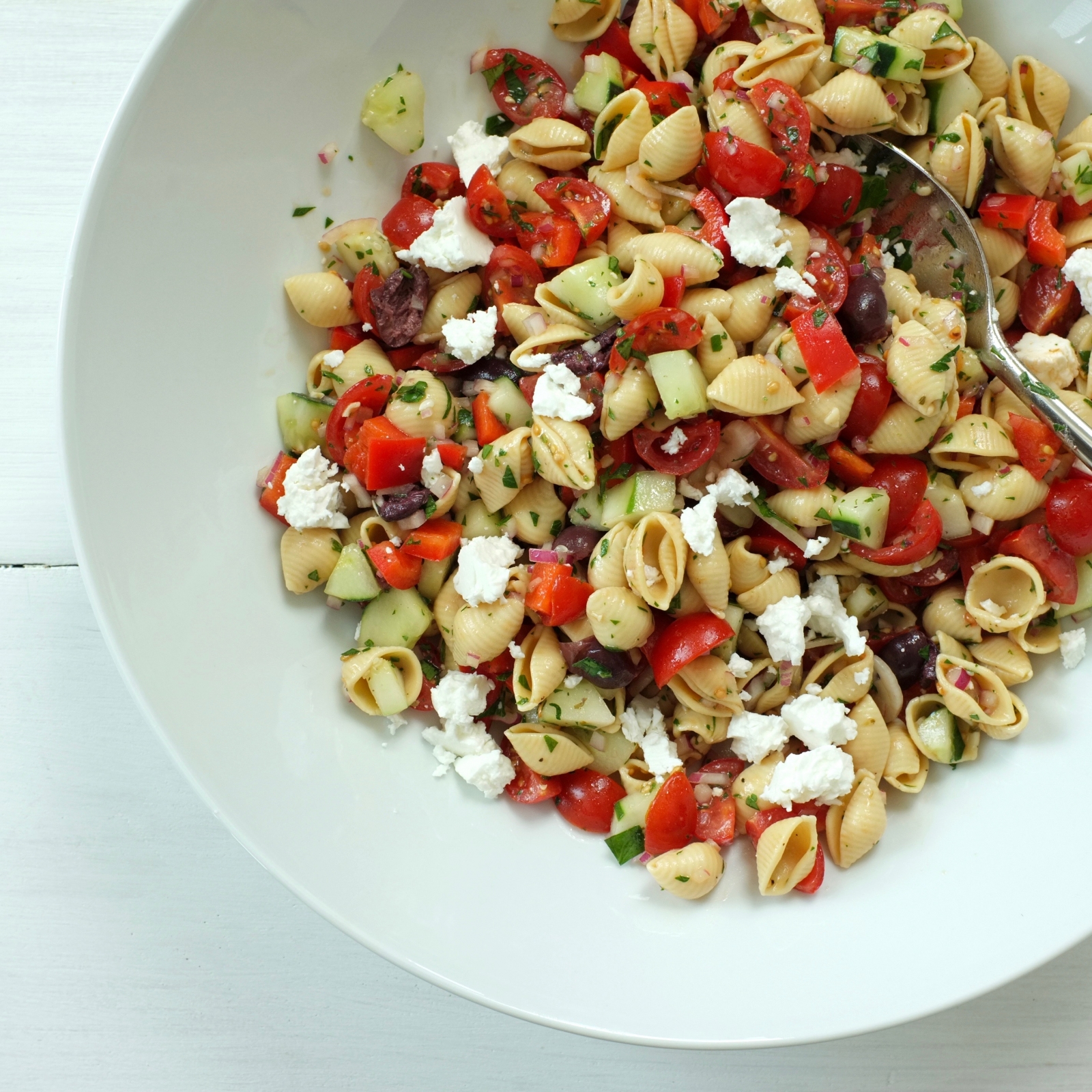 Chickpea Pasta Salad with Tomatoes, Cucumber & Feta